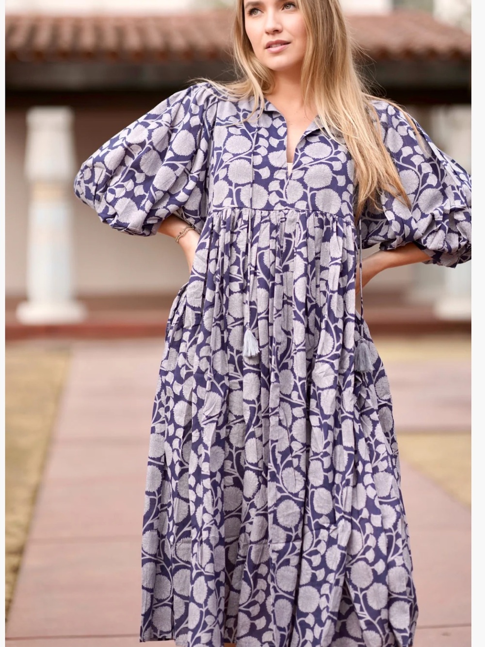 Dolma Mylah Midi Dress Blue & Grey Cotton Indian Block Print Flowy Dress Sz M 🧡🎀